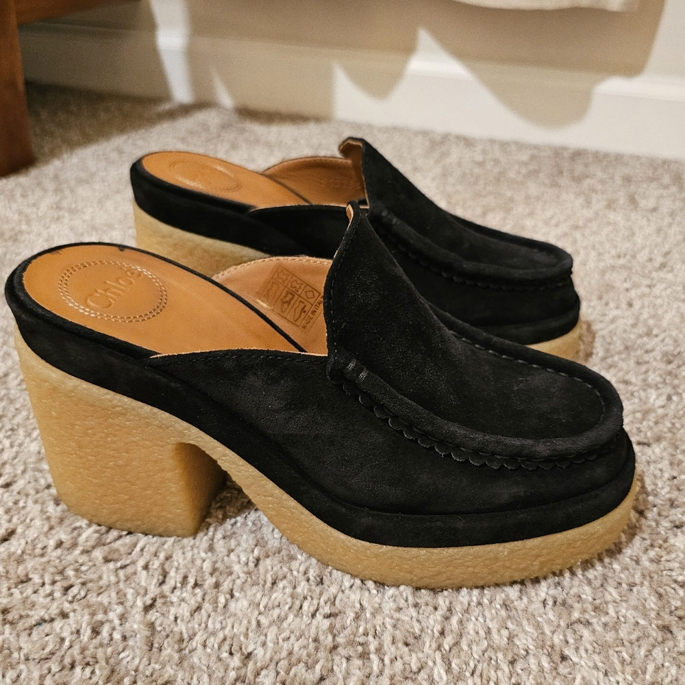 Chloé Black Suede Mules with Cream Crepe Platform - Picture 7 of 12